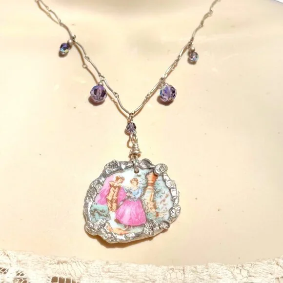 Broken China Hand-Painted Porcelain Fragonard Cameo w/ Sterling Silver Necklace - Picture 5 of 13
